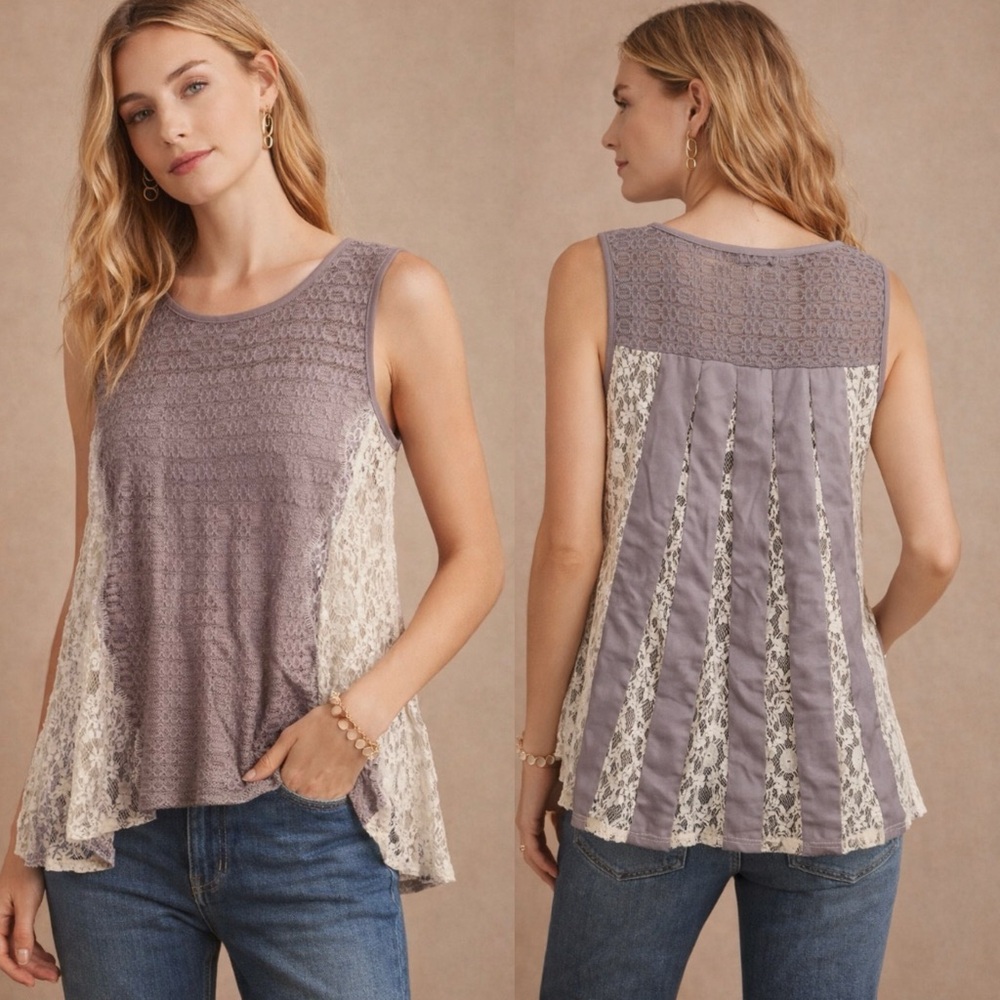 Anthropologie Lavender Lace-Trim Sleeveless Blouse